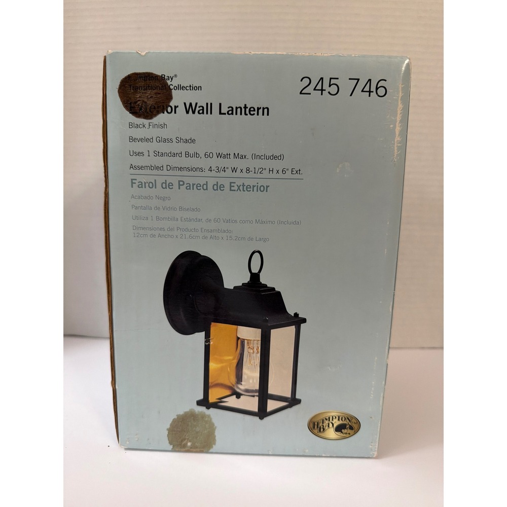 NEW Hampton Bay 245746‎ Black Finish Exterior Wall Lantern Beveled Glass Shade